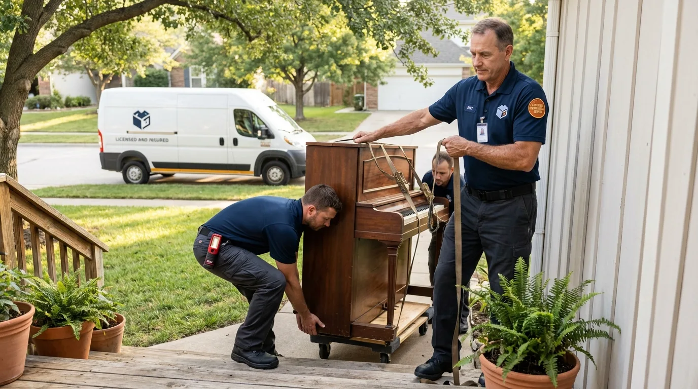 Licensed piano movers securing grand piano in Ashburn, VA