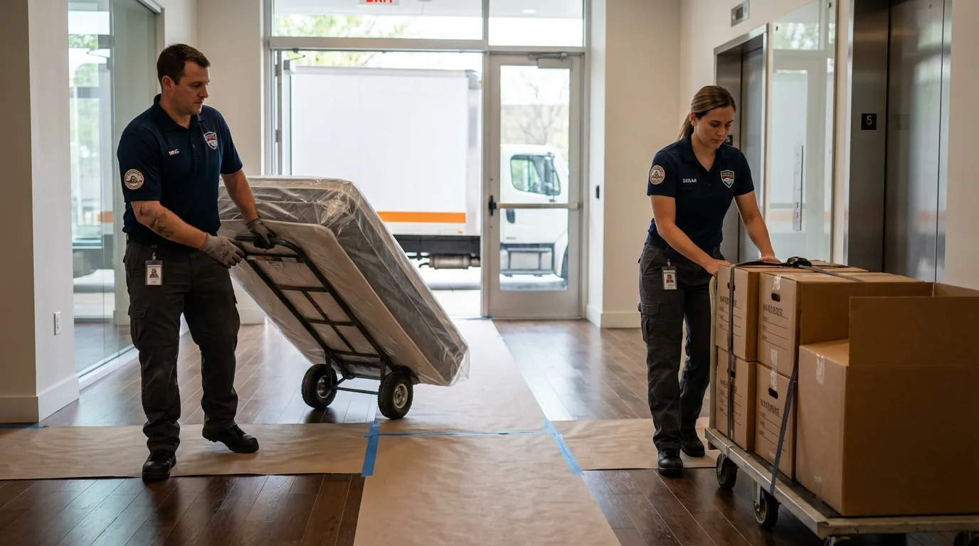 Professional apartment movers loading elevator in Ashburn, VA